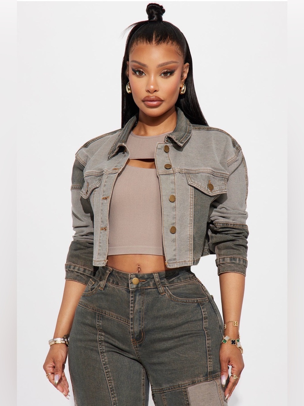 Fashion Nova Cropped Washed Denim Jacket - Gray